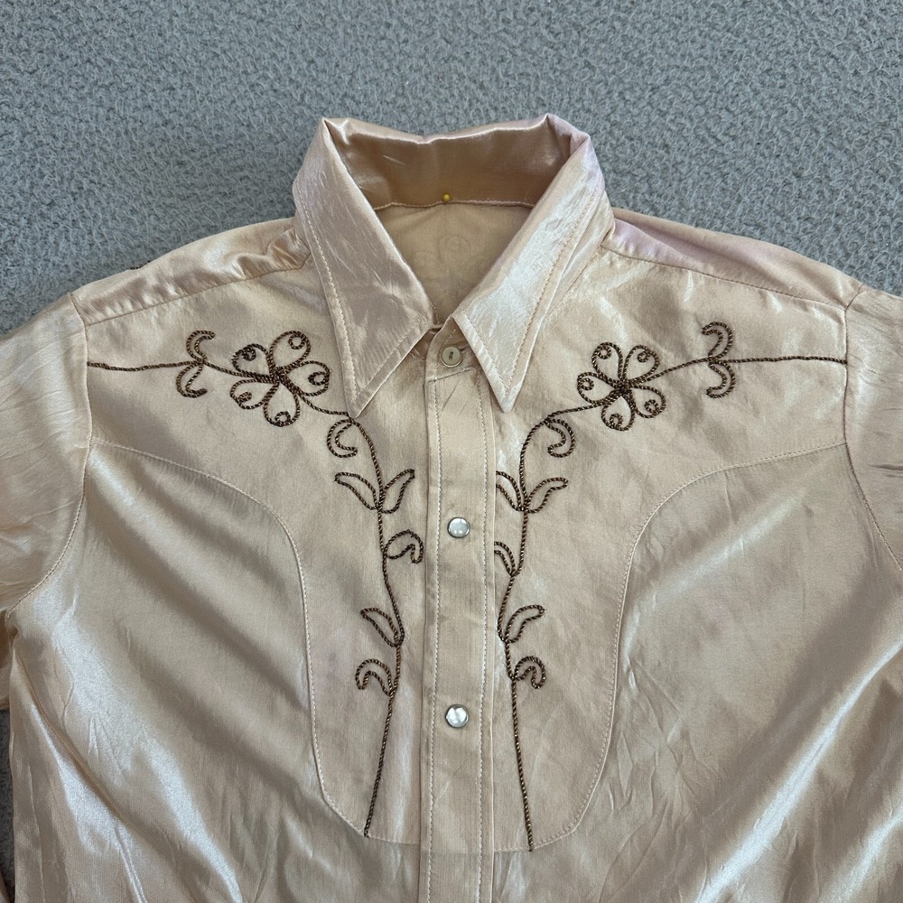 Vintage 40s 50s Western Floral Button-up Shirt Mens Large Rockabilly Yoke Gold - Picture 8 of 11